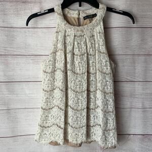 Rose & Olive Cream Lace Sleeveless Blouse Boho Nude Lining Keyhole Back Size S